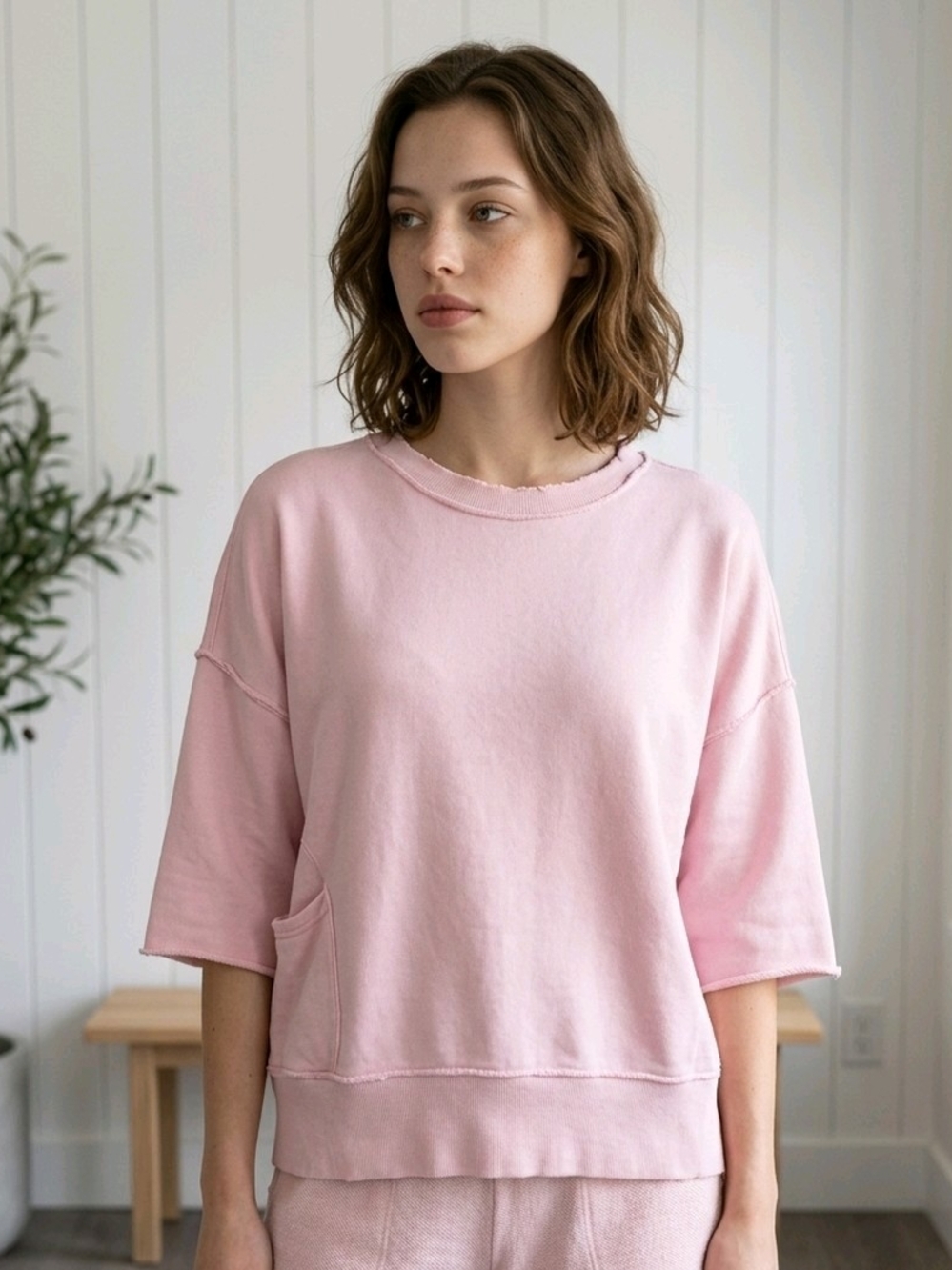 Zara Light Pink Relaxed Short-Sleeve Sweatshirt Sz Small